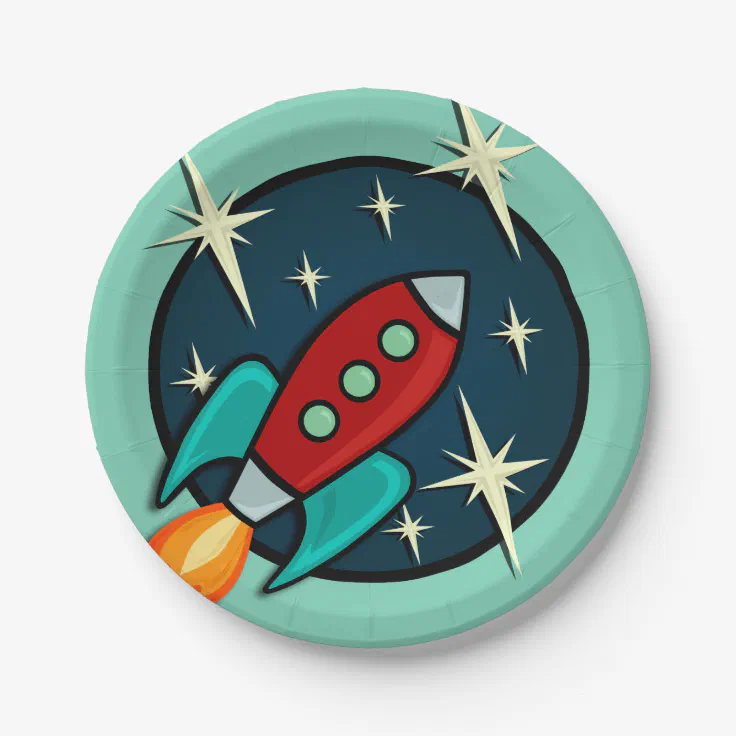 RETRO ROCKET SHIP GRAPHIC PAPER PLATE | Zazzle