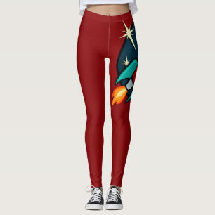 RETRO ROCKET SHIP GRAPHIC RED LEGGINGS