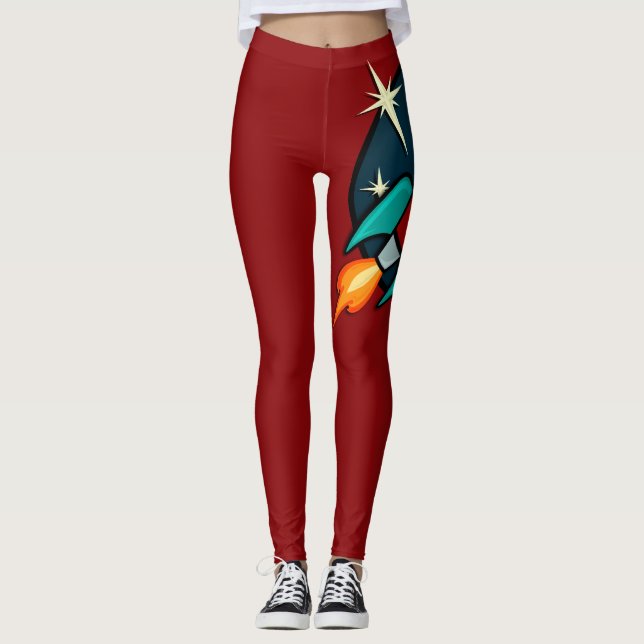 RETRO ROCKET SHIP GRAPHIC RED LEGGINGS (Front)