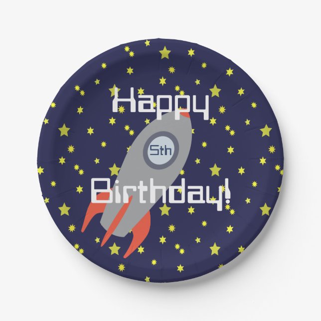 Retro Rocket Ship  Happy Birthday Paper Plates (Front)