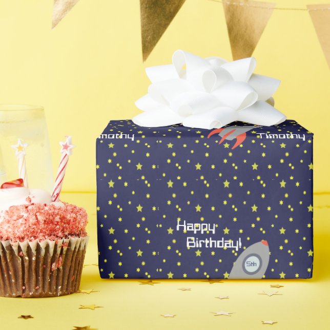 Retro Rocket Ship  Happy Birthday Wrapping Paper (Birthday Party)