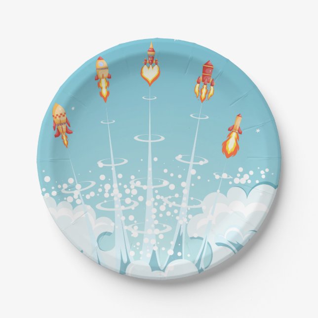 Retro Rocket Ship Launch Futuristic Space Art  Paper Plates (Front)
