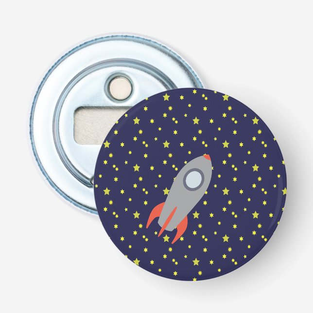Retro Rocket Ship with Star Pattern Background Bottle Opener (Front)
