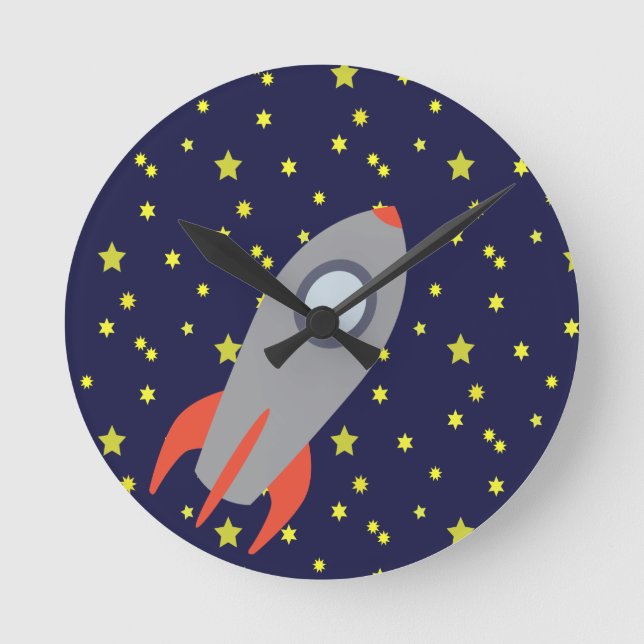Retro Rocket Ship with Star Pattern Background Round Clock (Front)