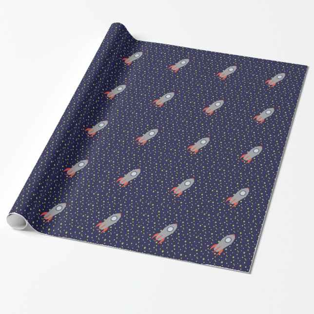 Retro Rocket Ship with Star Pattern Background Wrapping Paper (Unrolled)