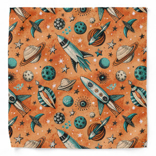Retro Rocket Space Pattern Terracotta Teal Bandana