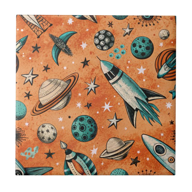 Retro Rocket Space Pattern Terracotta Teal Ceramic Tile (Front)