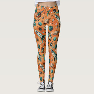 Retro Rocket Space Pattern Terracotta Teal Leggings