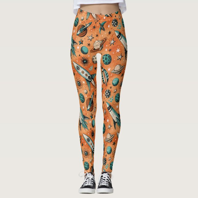 Retro Rocket Space Pattern Terracotta Teal Leggings (Front)
