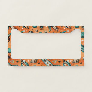 Retro Rocket Space Pattern Terracotta Teal License Plate Frame