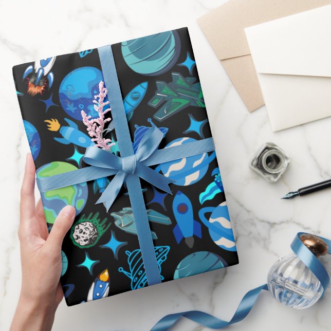 Retro Rockets in Space.Black BG Wrapping Paper (Gifting)
