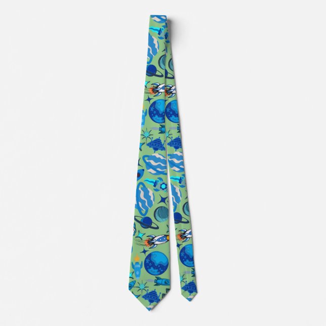 Retro Rockets in Space. L Green BG Neck Tie (Front)