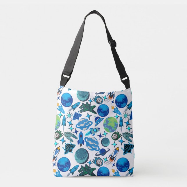 Retro Rockets in Space. White BG Crossbody Bag (Front)