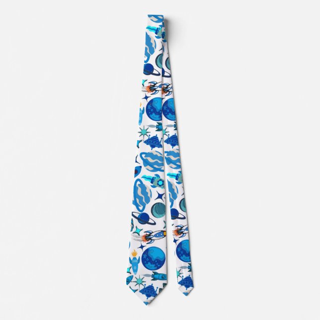 Retro Rockets in Space. White BG Neck Tie (Front)