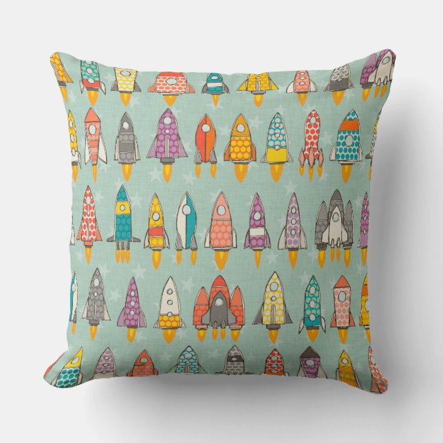 retro rockets mint throw pillow (Front)