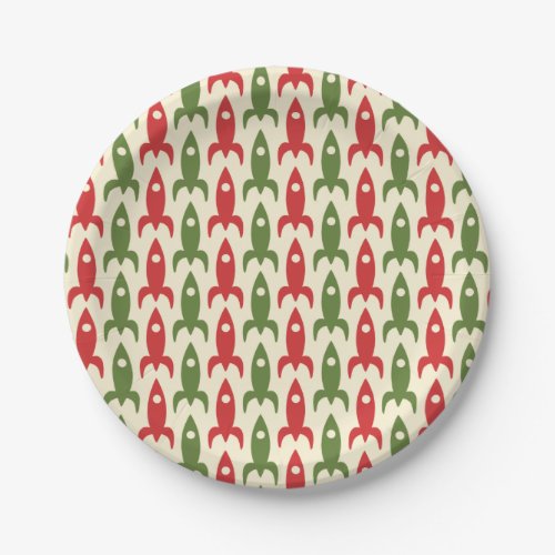 Retro Rockets Pattern in Christmas Red and Green Paper Plates