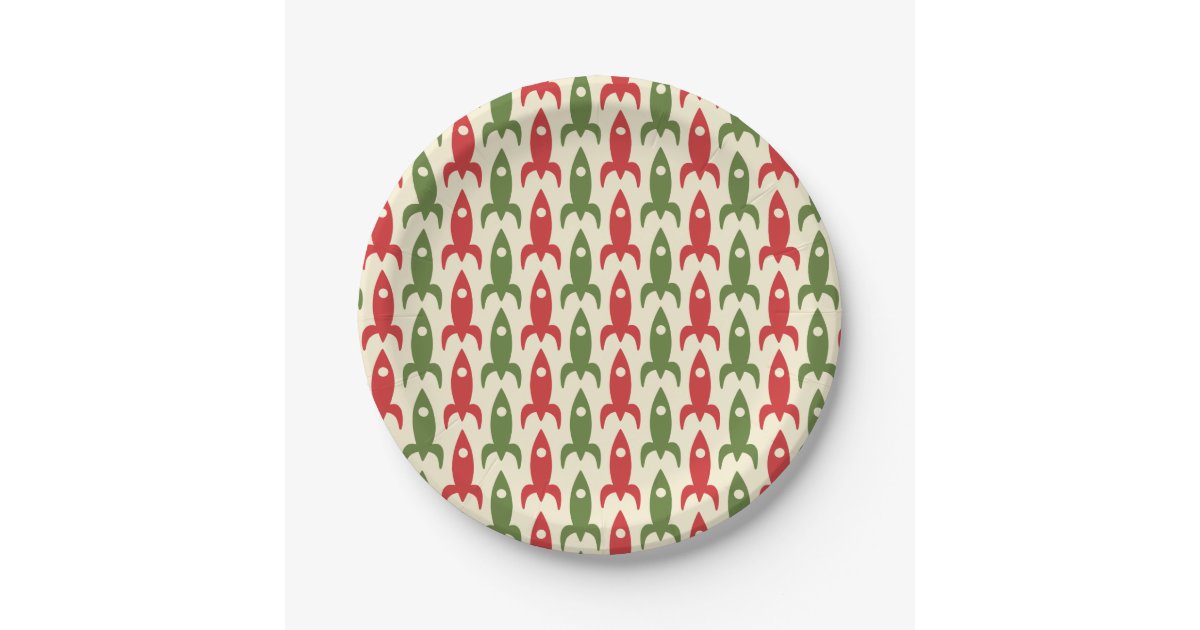 Retro Rockets Pattern in Christmas Red and Green Paper Plates | Zazzle