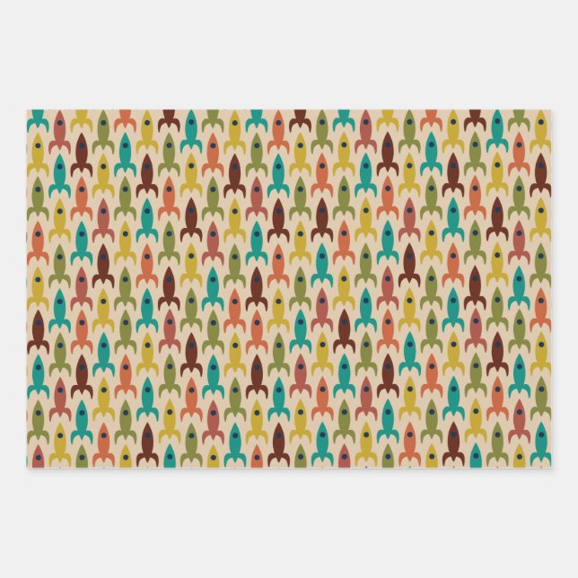 Retro Rockets Space Age Midcentury Rocket Pattern Wrapping Paper Sheets (Front)