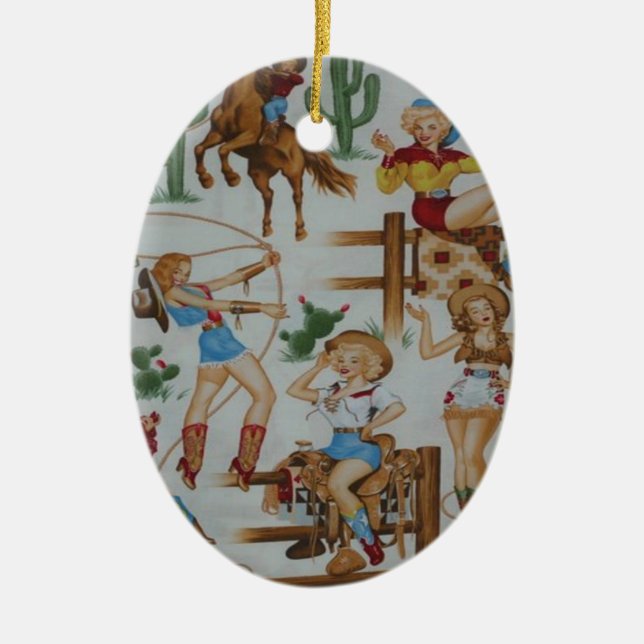 Retro Rodeo Cowgirls Christmas White Tree Ornament (Front)