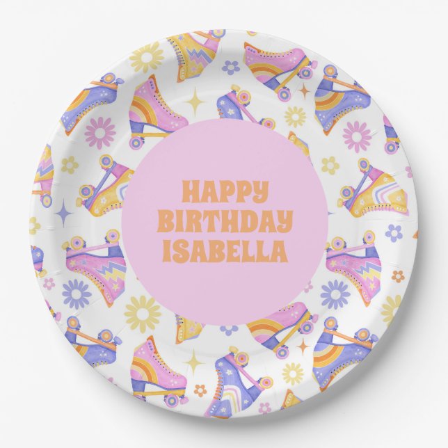 Retro Roller Rink Birthday Party Paper Plates (Front)