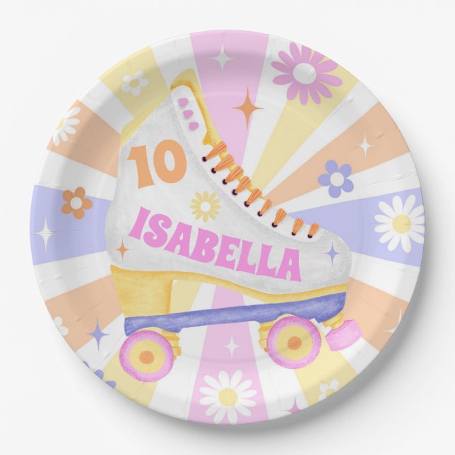 Retro Roller Rink Birthday Party Paper Plates (Front)