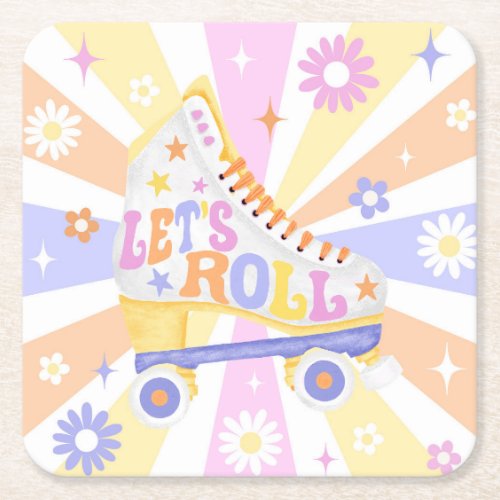 Retro Roller Rink Birthday Party Square Paper Coaster