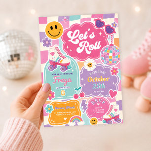Retro Roller Skate Checkered Rainbow Girl Birthday Invitation