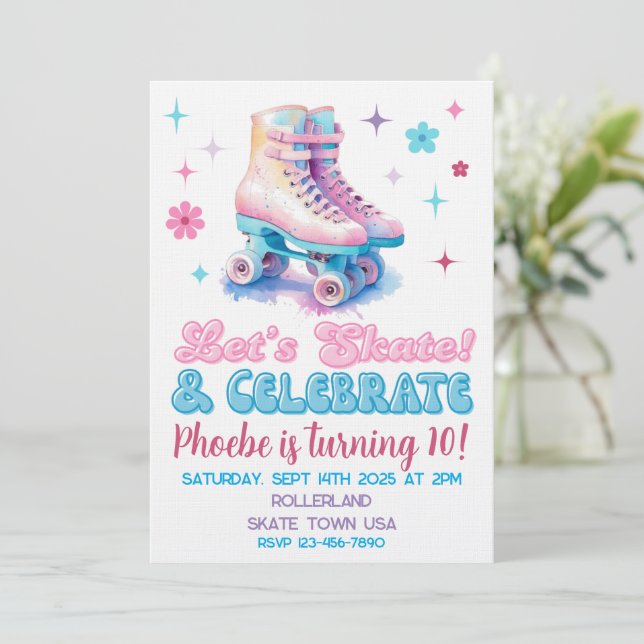 Retro Roller Skate Custom Birthday Invitation (Standing Front)