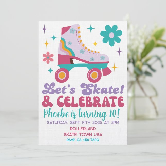 Retro Roller Skate Custom Birthday Invitation (Standing Front)