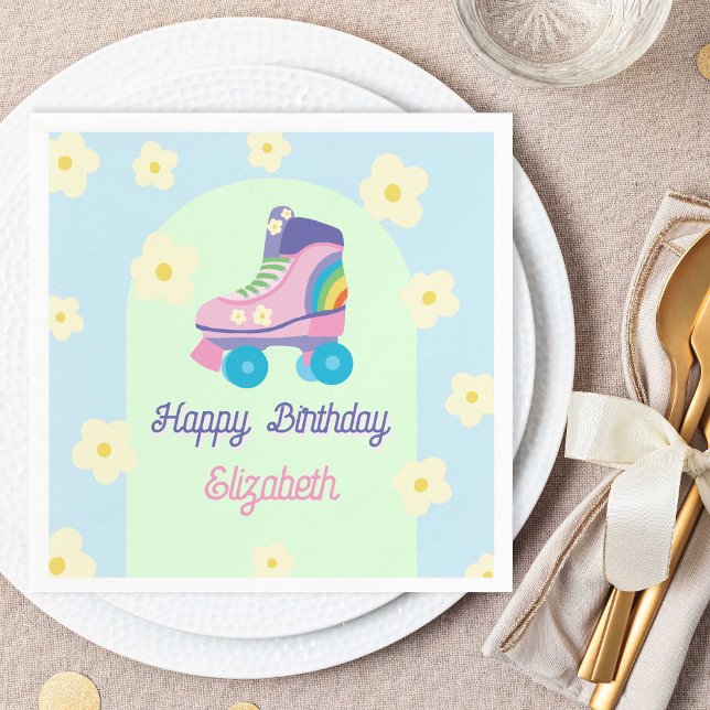 Retro Roller Skate Happy Birthday Daisy Napkins (Creator Uploaded)