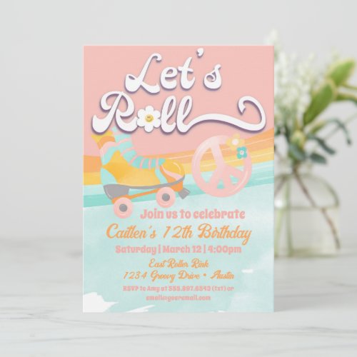 Retro Roller Skate Party Birthday Peace Sign Invitation