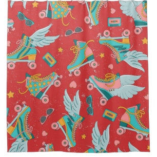 Retro Roller Skates: Bright Red Background Shower Curtain