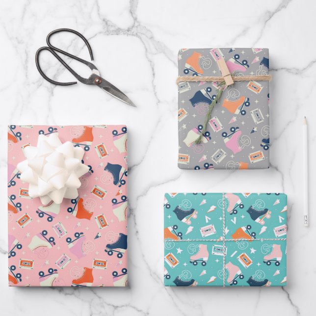 Retro Roller Skates & Cassette Tapes Wrapping Paper Sheets (Front)