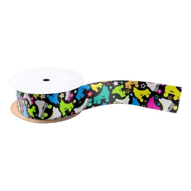 Retro Roller Skates Neon Brights on Black Ribbon (Spool)