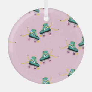 Retro roller skates: pink pattern. glass ornament