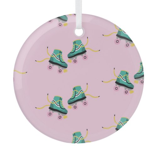 Retro roller skates: pink pattern. glass ornament