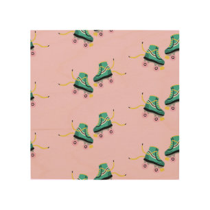 Retro roller skates: pink pattern. wood wall art