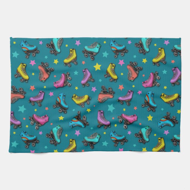 Retro Roller Skates & Stars Kitchen Towel (Horizontal)