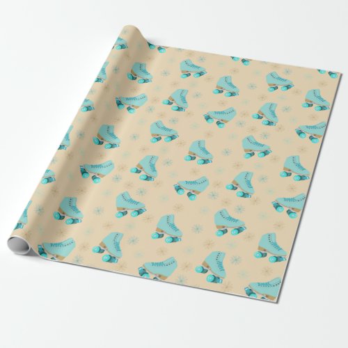 Retro Roller Skates Teal and Tan Patterned Wrapping Paper