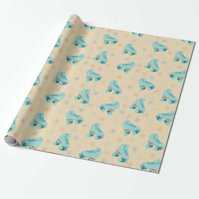 Retro Roller Skates Teal and Tan Patterned Wrapping Paper (Unrolled)