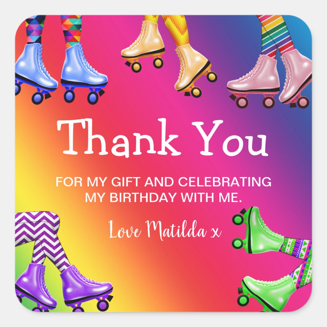 Retro Roller Skating Birthday Thank You Square Sticker | Zazzle