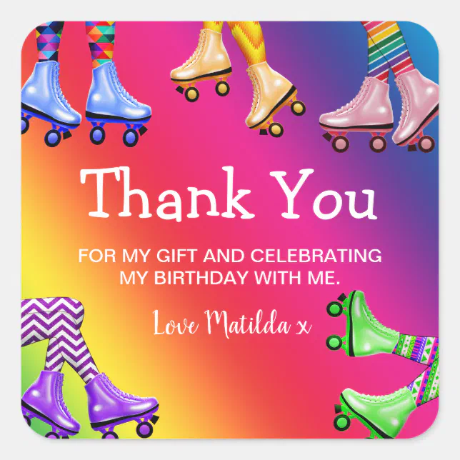 Retro Roller Skating Birthday Thank You Square Sticker | Zazzle