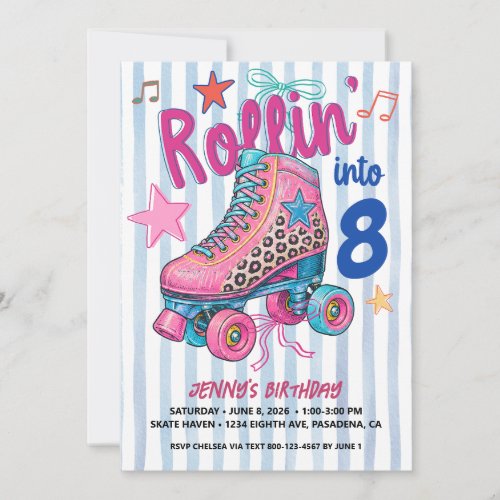 Retro Roller Skating Girl Birthday Let's Roll Pink Invitation