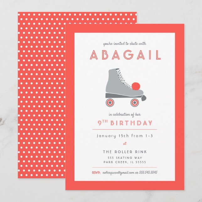 Retro Roller Skating Party in Coral and Gray Invitation (Front/Back)