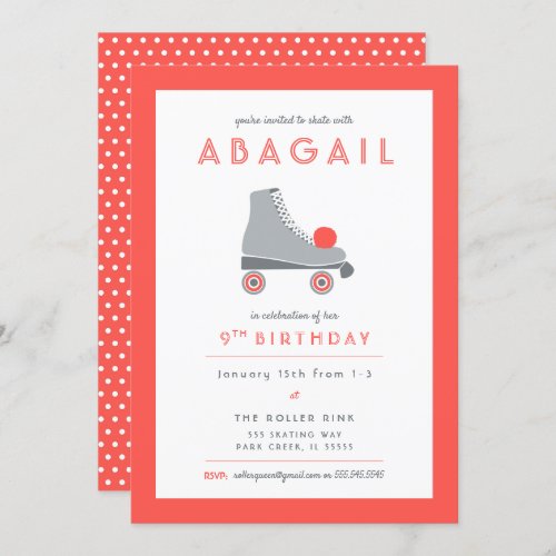 Retro Roller Skating Party in Coral and Gray Invitation