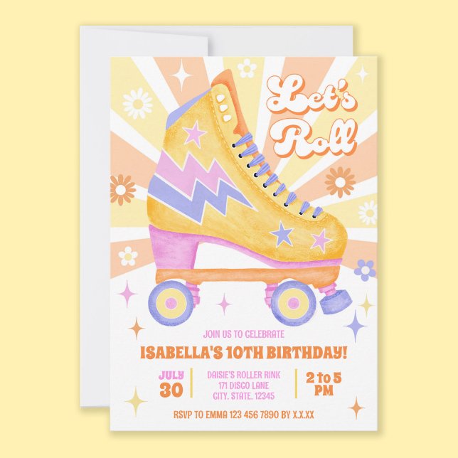 Retro Roller Skating Party Invitation (All the retro vibes for this roller disco birthday party invitation themed in yellow and orange.)
