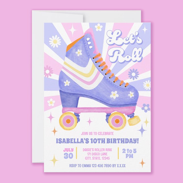 Retro Roller Skating Party Invitation (Have fun customising this pink and purple themed retro roller skate invitation!)