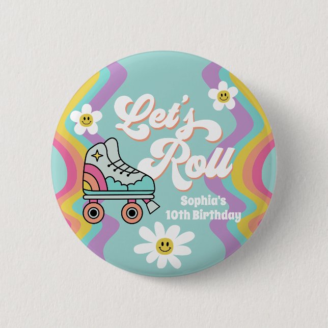 Retro Roller Skating Rainbow Birthday Button (Front)
