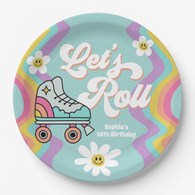 Retro Roller Skating Rainbow Birthday Paper Plates (Front)