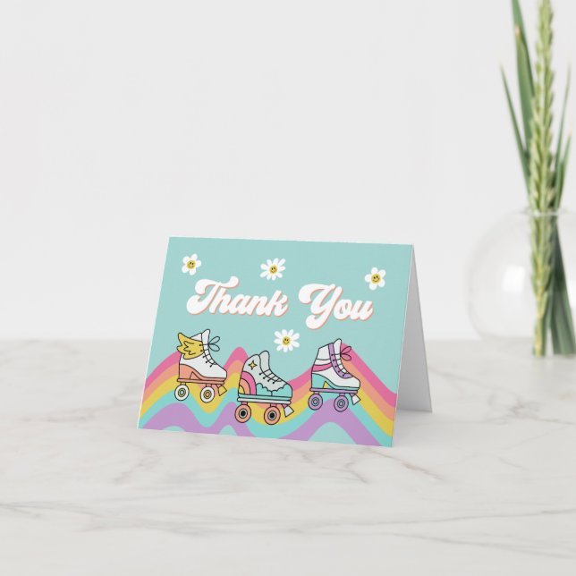 Retro Roller Skating Rainbow Birthday Thank You Card (Front)